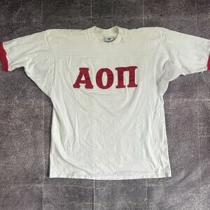 Men's Vintage 80's Signature Alpha Omicron Pi Sorority Football T Shirt Tee Sz L